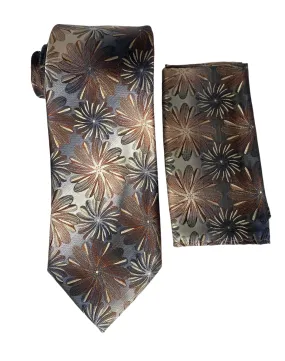 Stacy Adams Floral Tie and Handkerchief - Brown & Grey