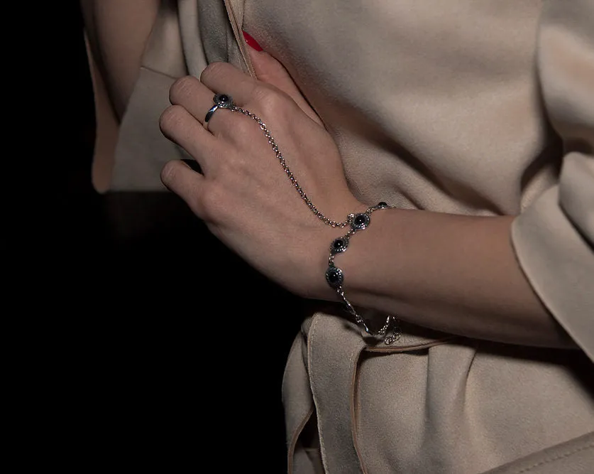 Sterling silver ring-chain bracelet “Eva” with black onyx