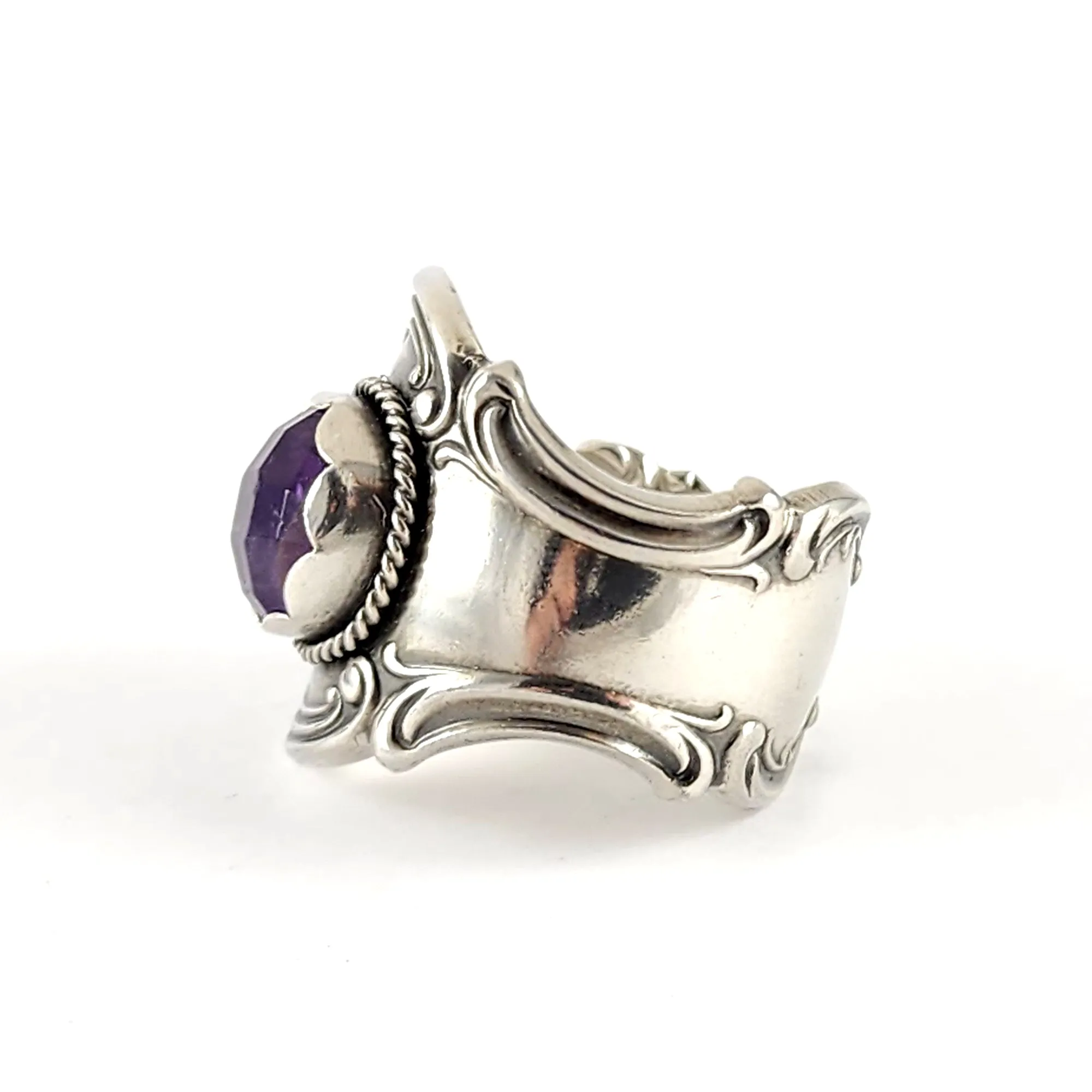 Sterling Silver Rose Cut Amethyst Spoon Ring Size 8.25