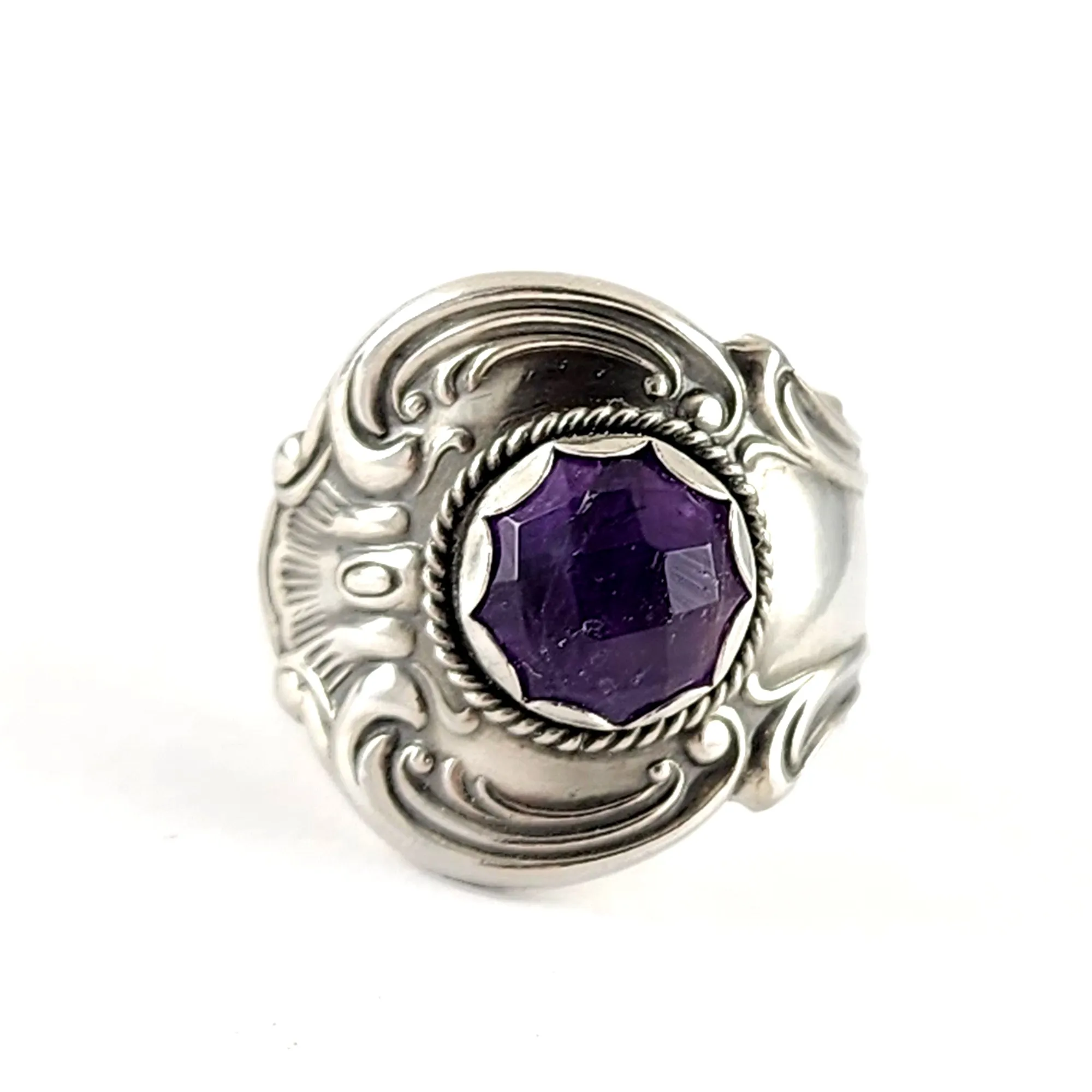 Sterling Silver Rose Cut Amethyst Spoon Ring Size 8.25