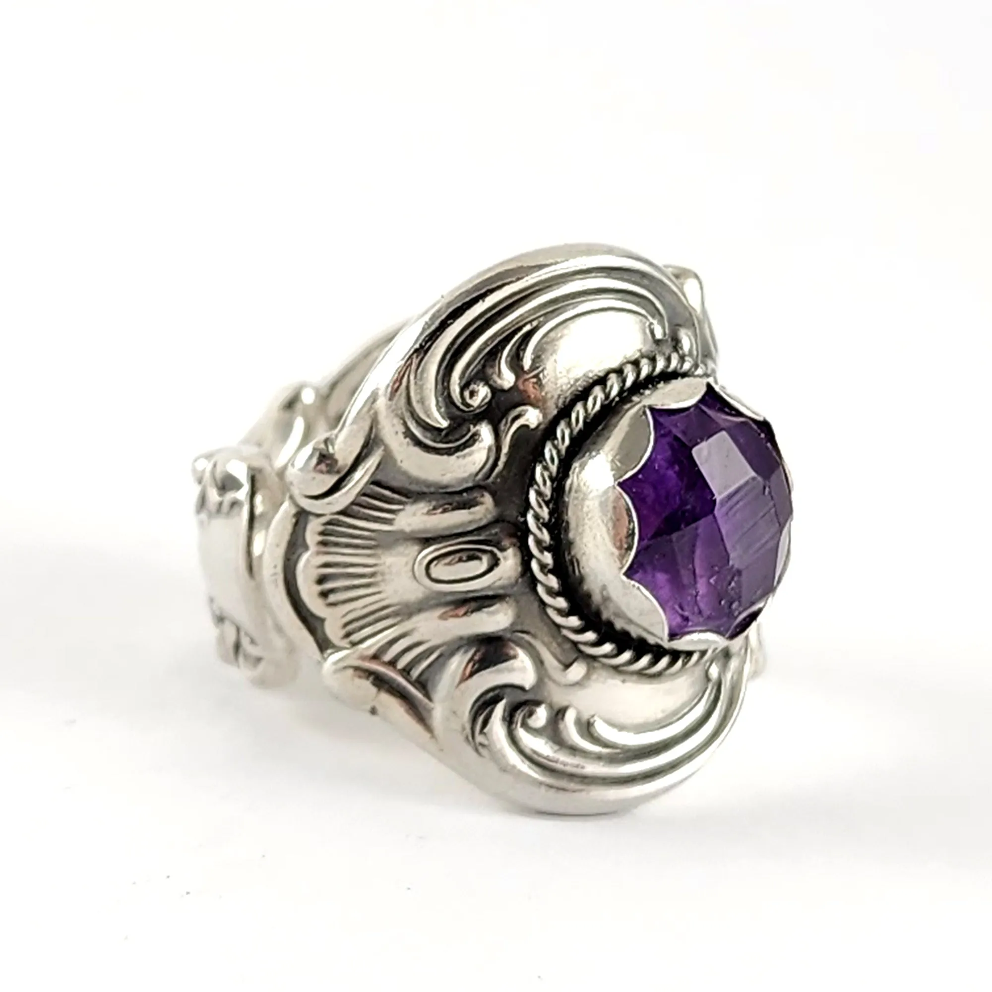 Sterling Silver Rose Cut Amethyst Spoon Ring Size 8.25