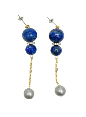 Stylish Blue Lapis and Gray Freshwater Pearls Dangle Earrings LE027