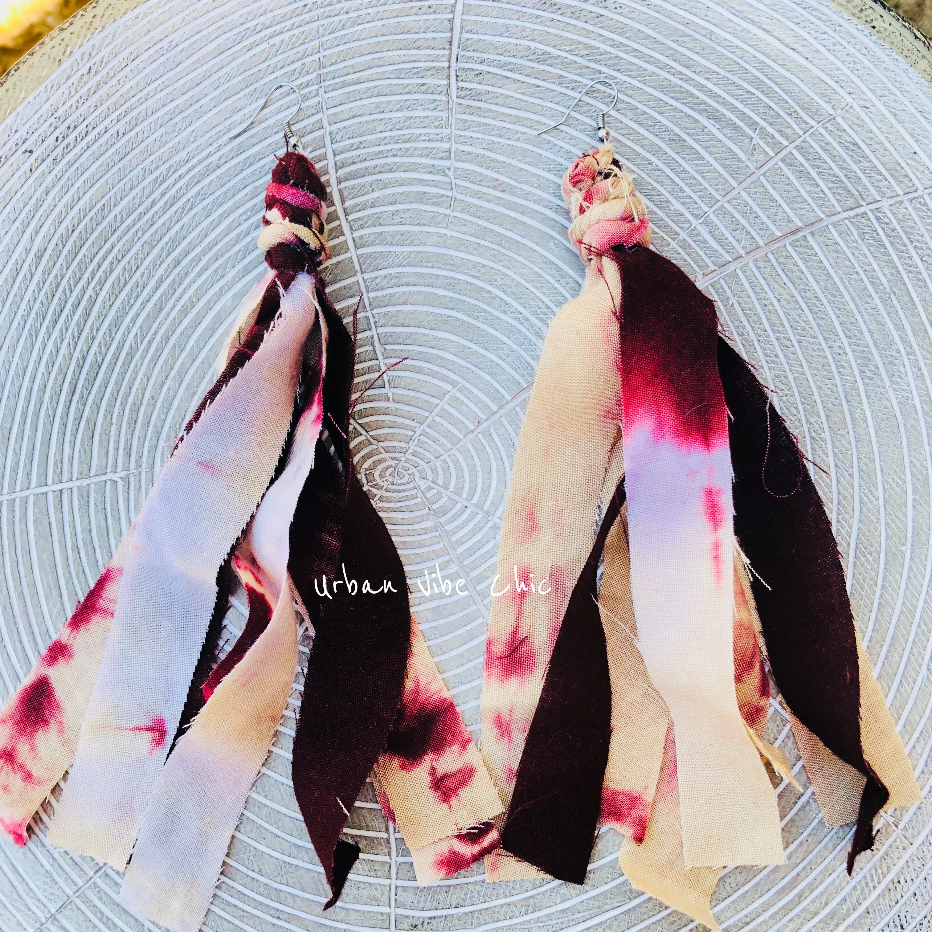 Tie Dye Bohemian Tassel Earrings - Burgundy & Blush