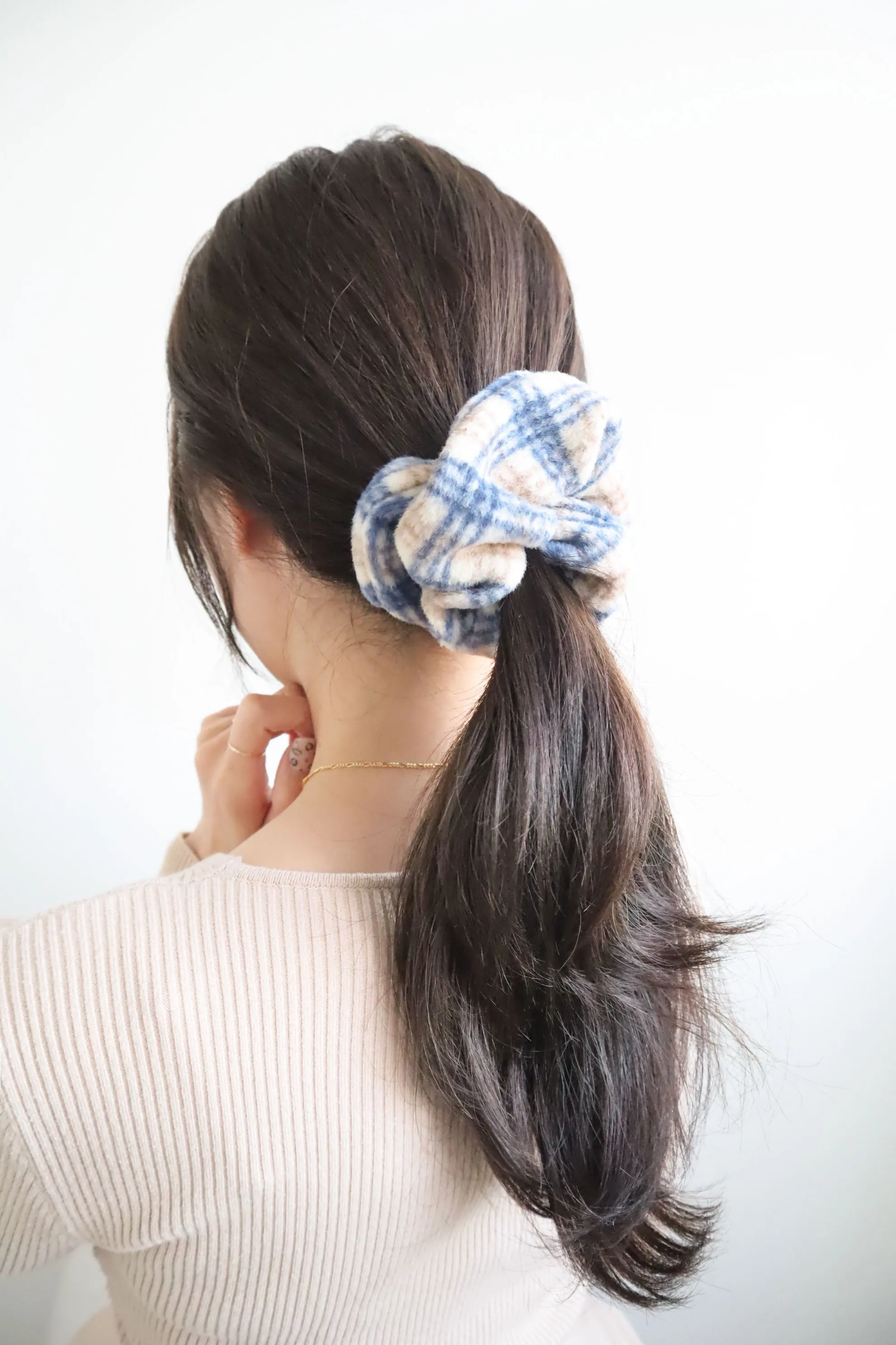 Wool Warm Fabric Check Big Volume Scrunchie Hair Tie