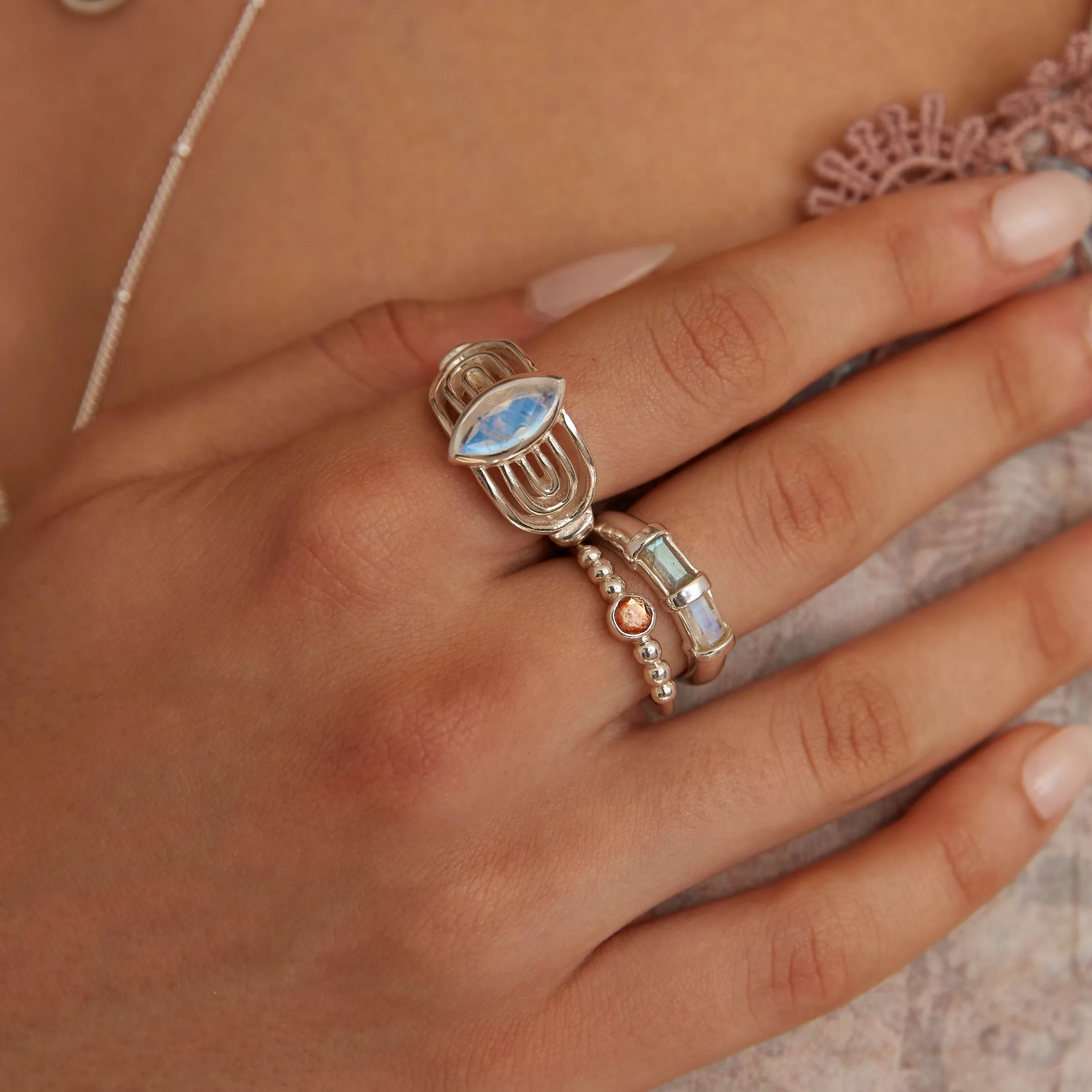 Zoey Moonstone and Labradorite Silver Ring